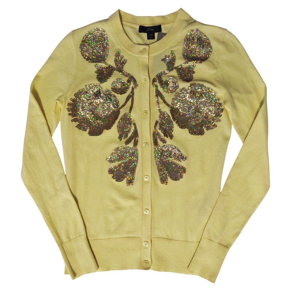 NEW J. Crew Cardigan Sweater Sequins XXS Butter Yellow Floral Jackie NWT Twee